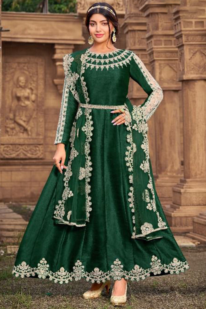 Buy Women Dark Green Abstract Embroidered Anarkali Suit Set With Churidar  And Dupatta  Wedding Wonder  Indya