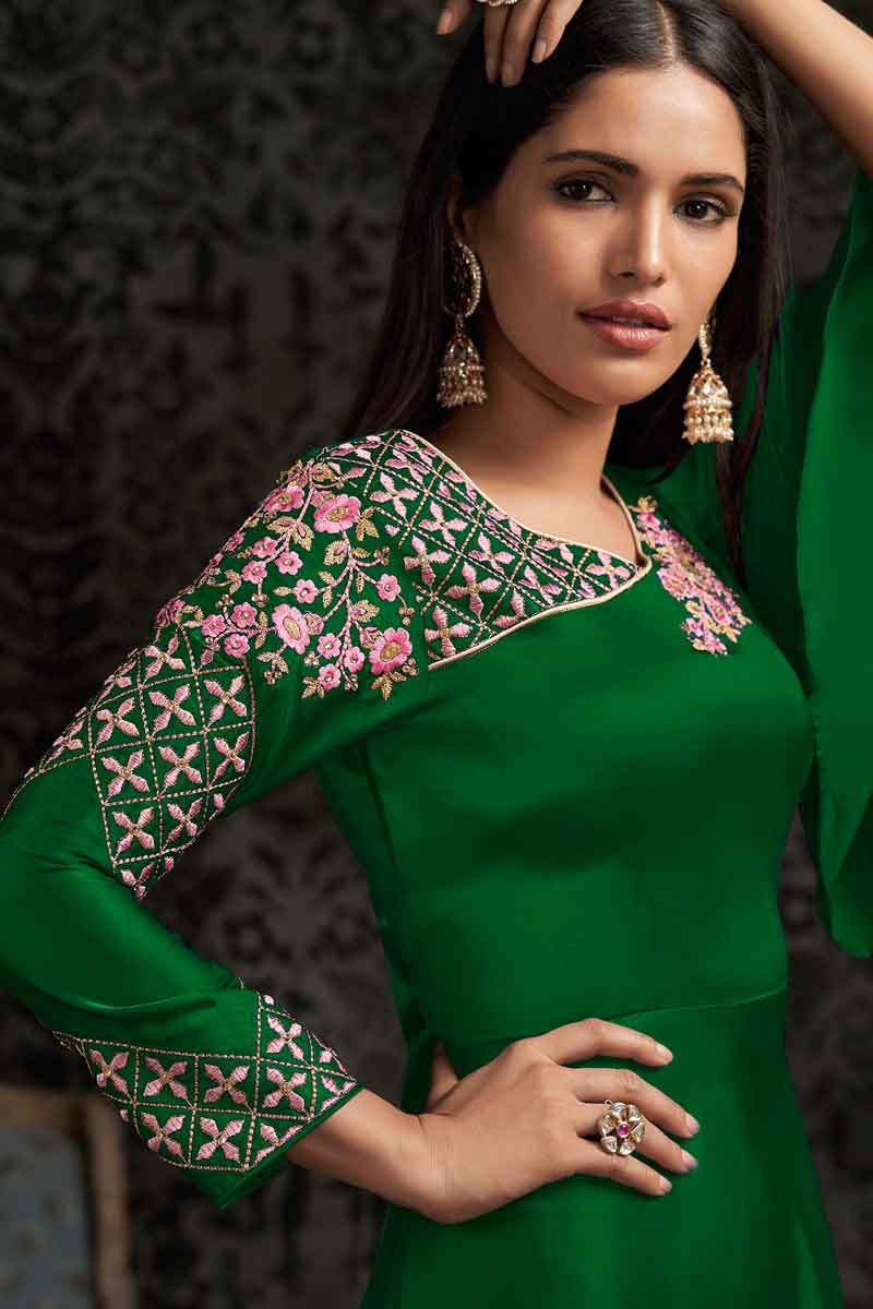 Buy Dark Green Silk Embroidered Party Wear Anarkali Gown Online ...
