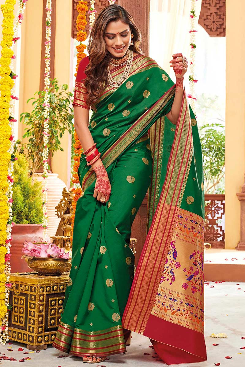 Dark Green Silk Woven Zari Saree Sarv