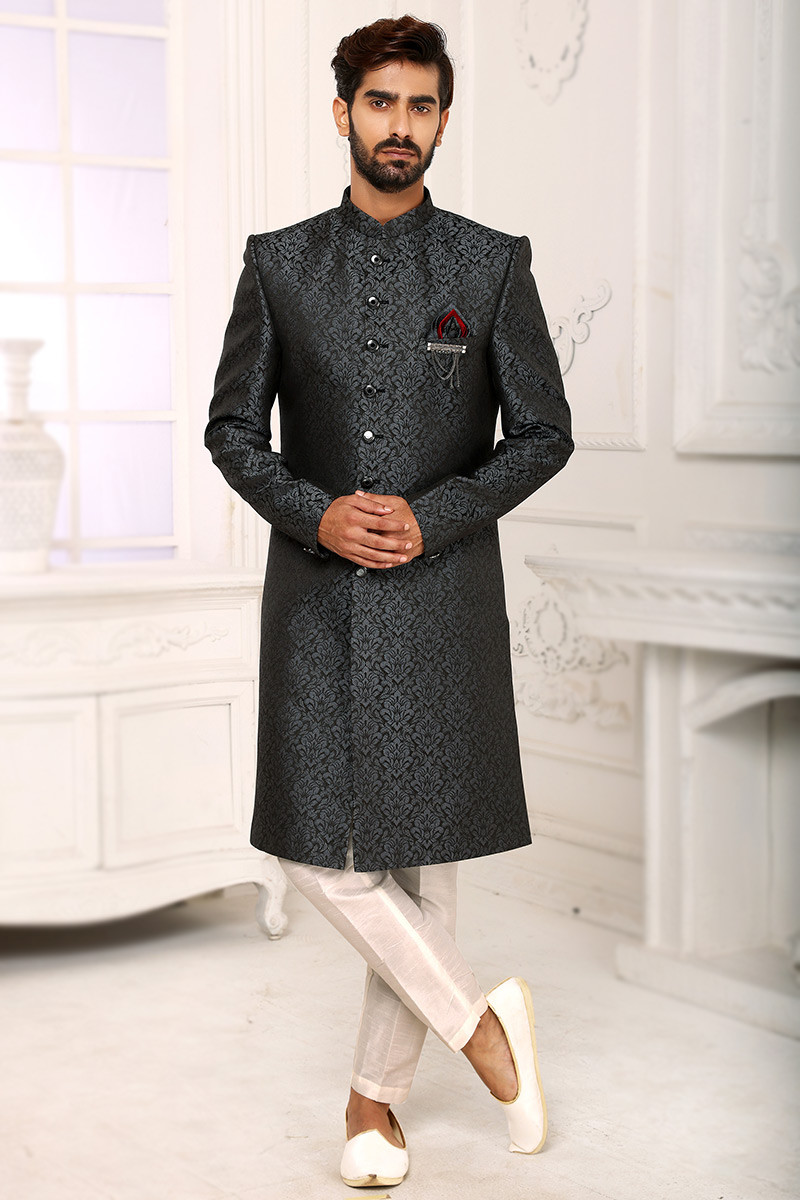 Online Fashion Shopping Woven Dark Grey Men Sherwani With Pant MSTV01299