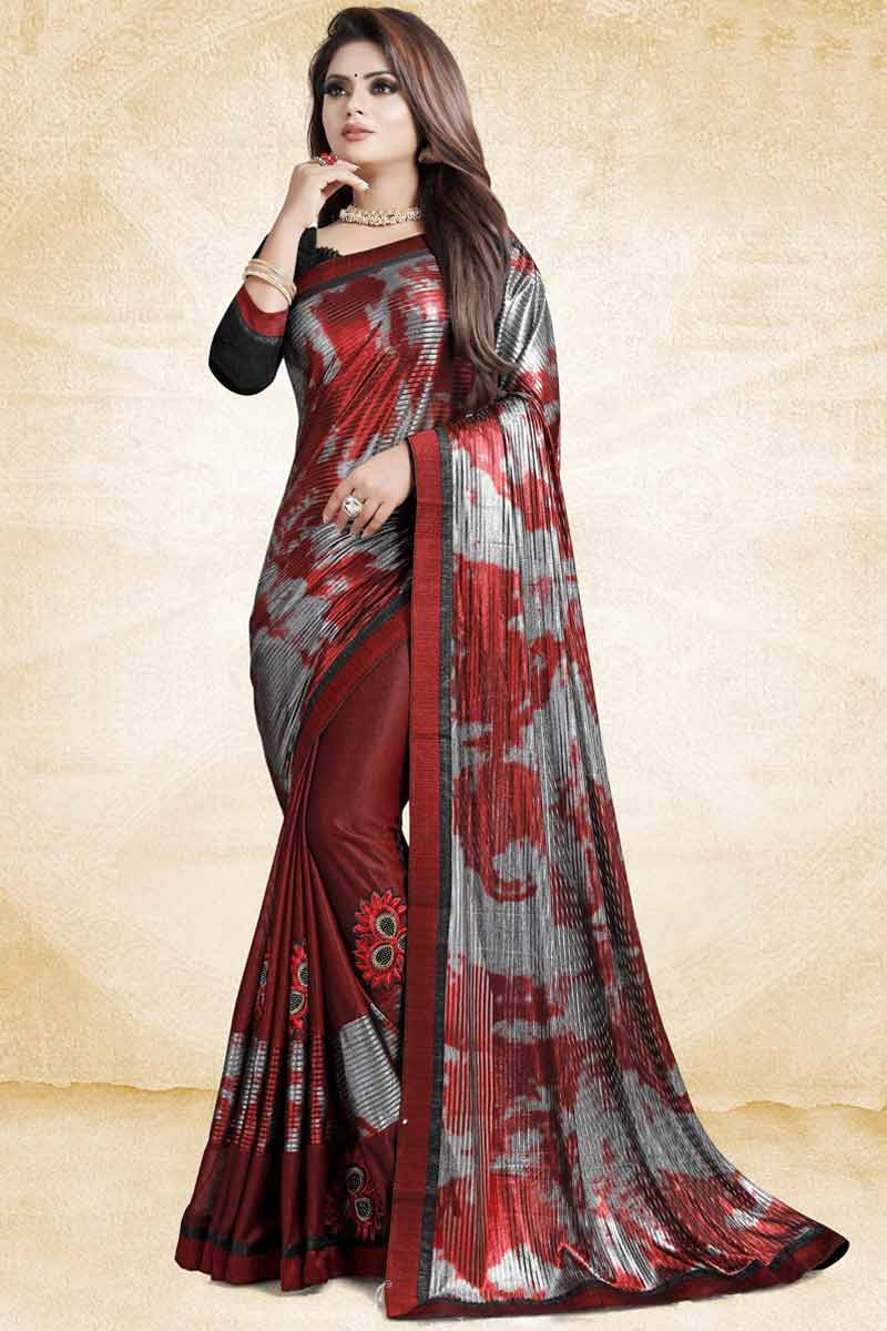 Dark Maroon Art Silk Saree With Art Silk Blouse