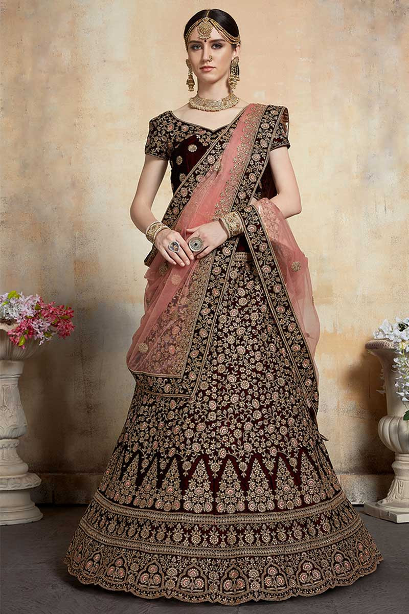 Dark Maroon Embroidered Velvet Lehenga Choli