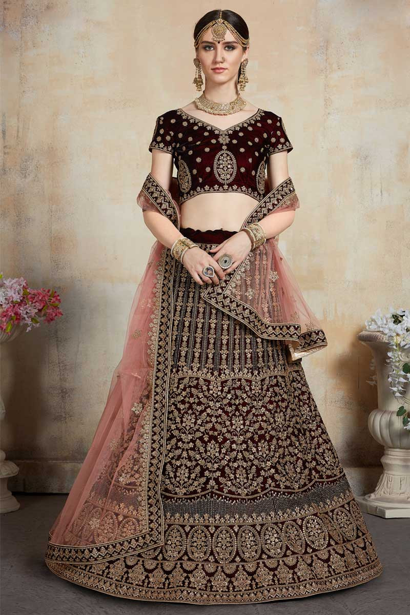 Dark Maroon Velvet Lehenga Choli With Zari Work