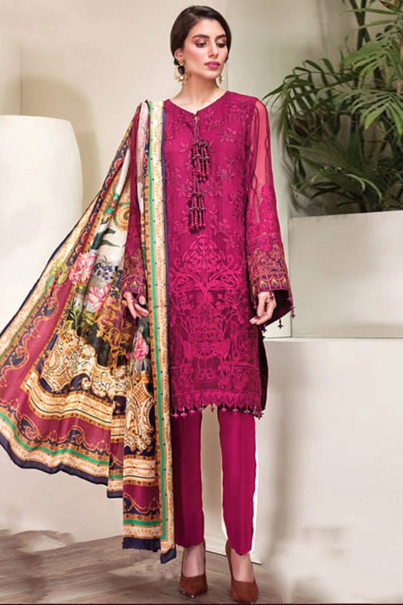 Popular Trouser Suit in Dark Pink Embroidered Fabric LSTV07604