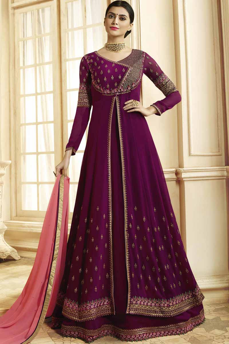 Buy New Arrival Zari Embroidered Dark Purple Anarkali Suit Online ...