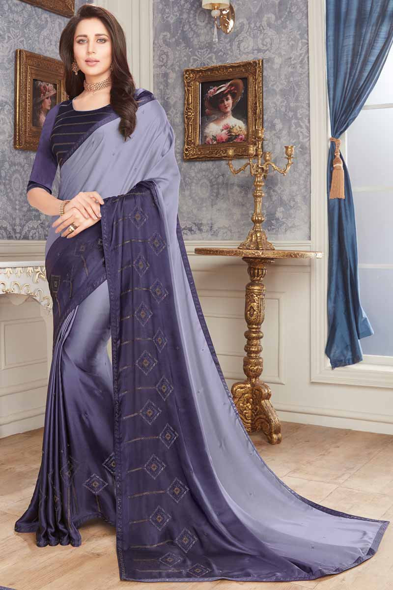 Buy Dark Purple and Dusty Blue Silk Saree With Silk Blouse Online ...