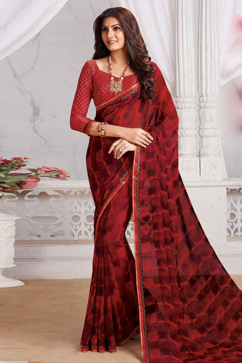 Dark maroon saree with contrast blouse Clearance