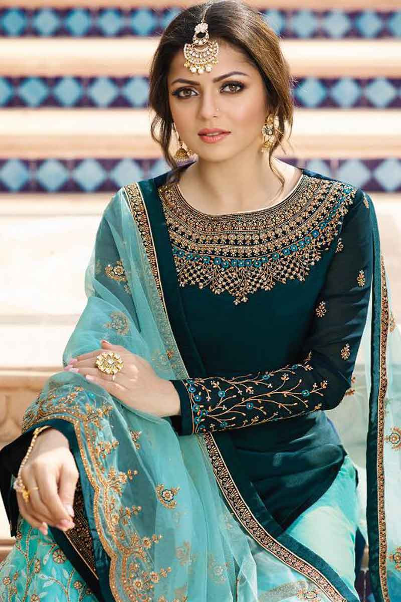 Buy Deep Peacock Green Georgette Embroidered Sharara Suit Online ...