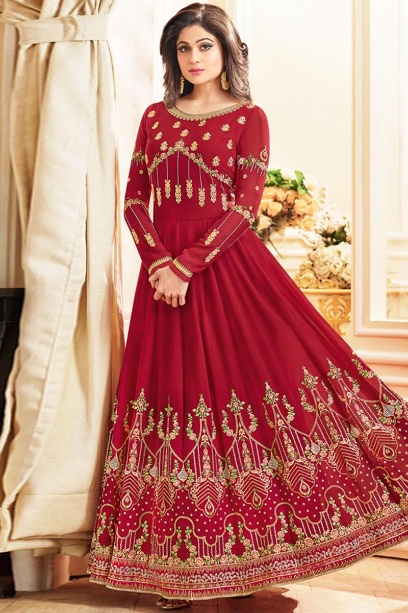 Buy Deep Red Georgette Anarkali Suit With Zari Work Online - LSTV05166 ...