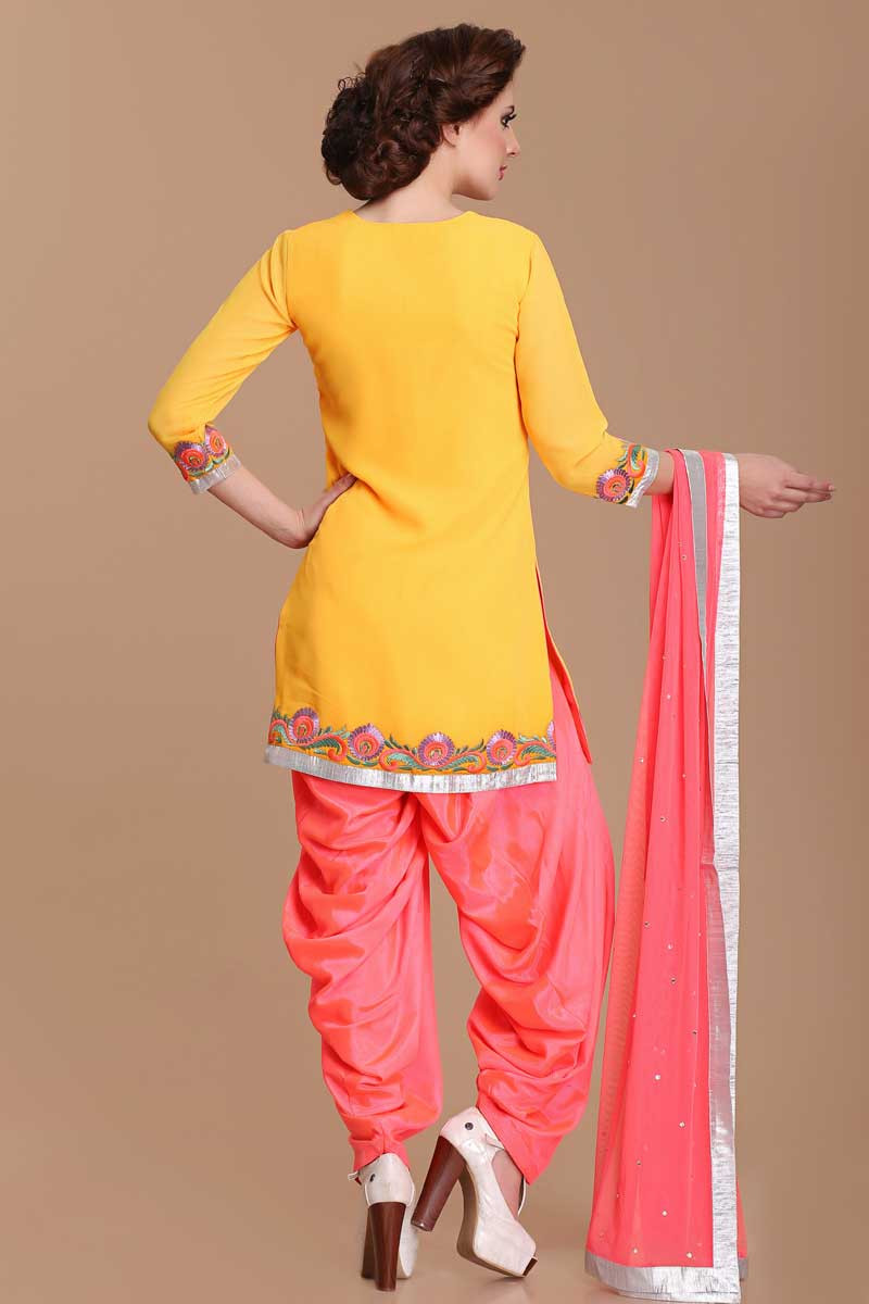 pink and yellow patiala suit