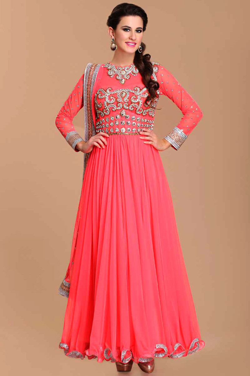 Buy Net Pink Long Frock Style Anarkali Suit Online | Andaaz Fashion