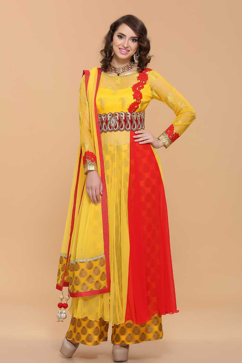 yellow red anarkali