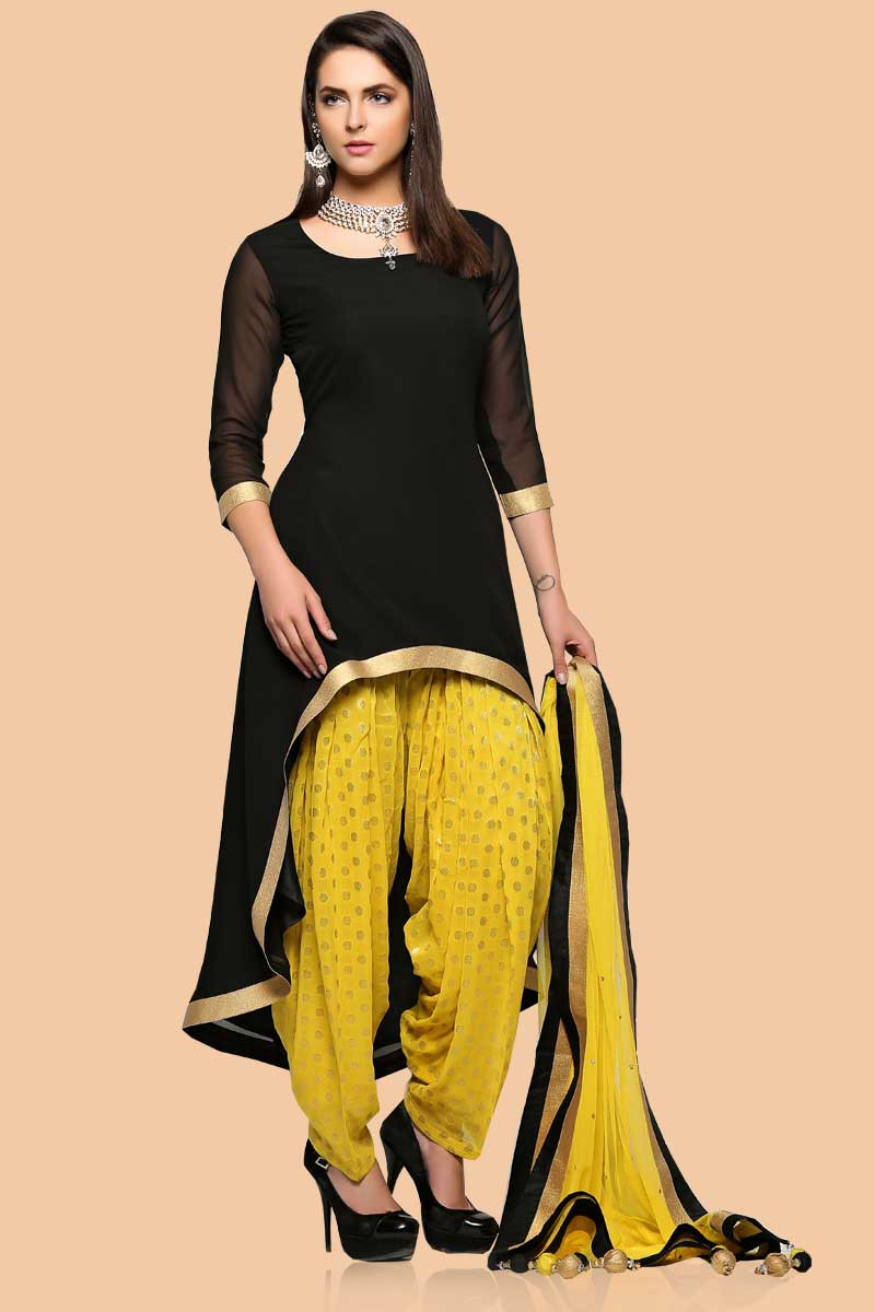 black salwar suit with yellow dupatta