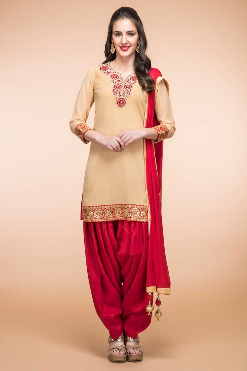 Buy Beige Georgette Patiala Suit With Dupatta Online 1801