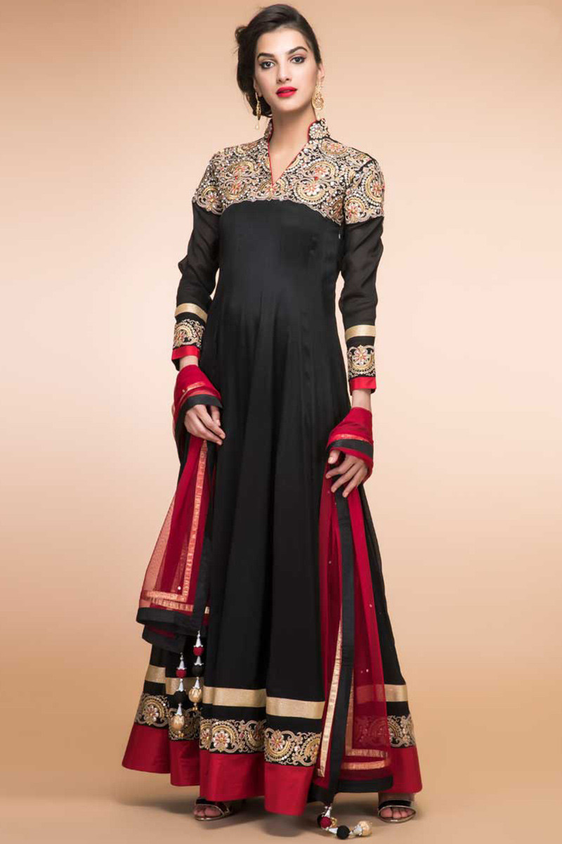 Buy Black Crepe And Silk Anarkali Churidar Suit With Dupatta Online ...