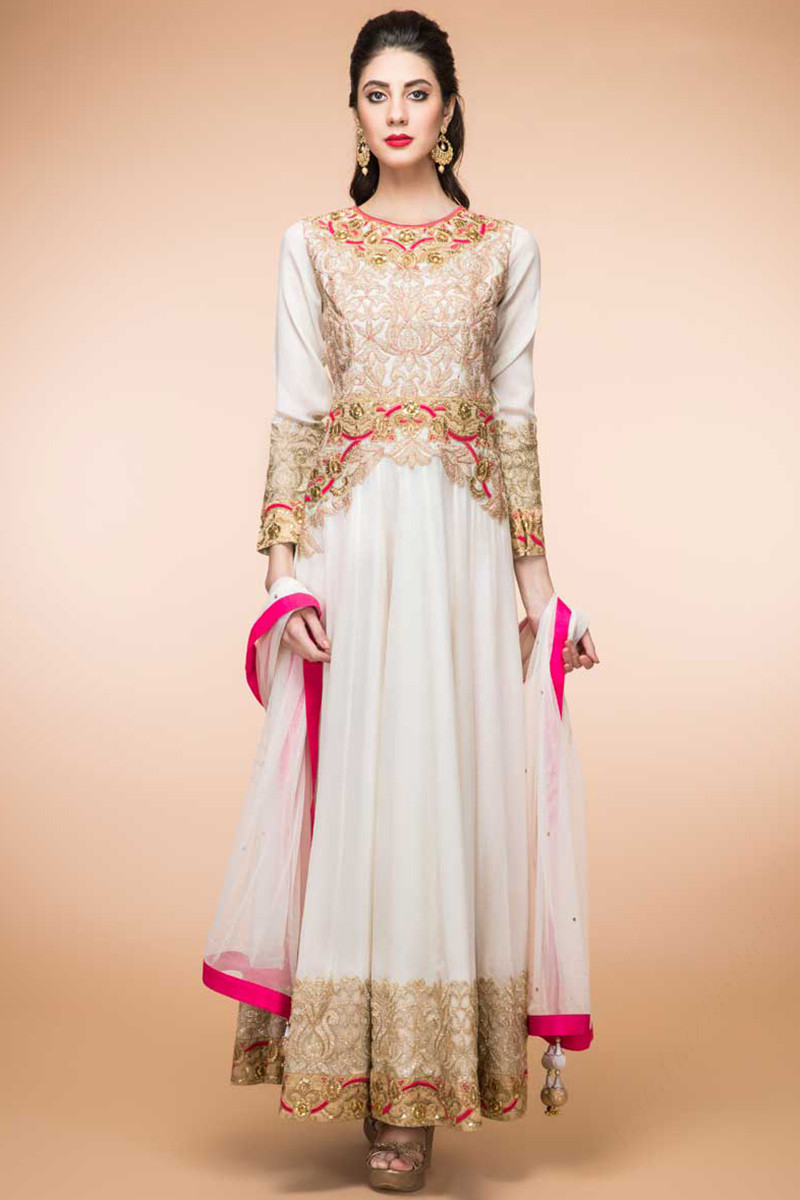 Buy White Crepe And Silk Anarkali Churidar Suit With Dupatta Online - 1842  | Andaaz Fashion