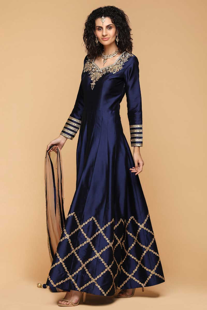 Glorious Taffeta Anarkalii Suit In Midnight Blue Color