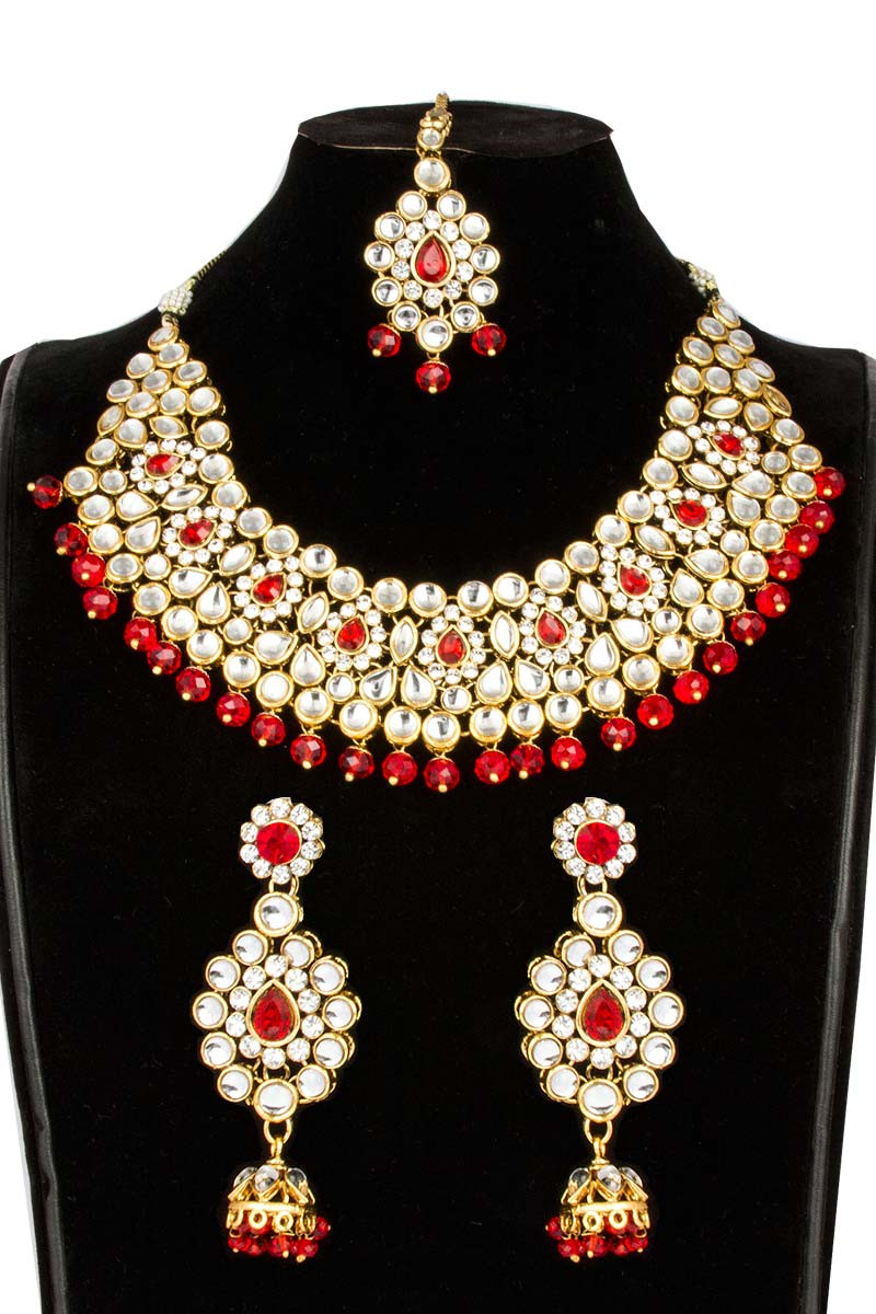 Red With Gold Color Necklace Set - 80776