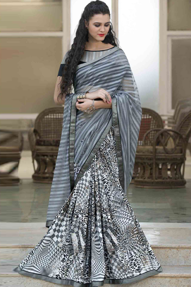 Buy Women Grey Thread Embroidered Organza Saree Set With Stitched Blouse -  Clothing - Indya