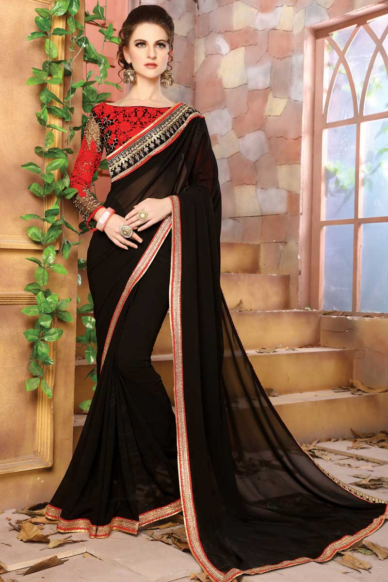 Designer Collection Black Georgette Saree With Blouse Dmv10646 When it comes to long sleeves or full sleeves blouses. black georgette saree with blouse