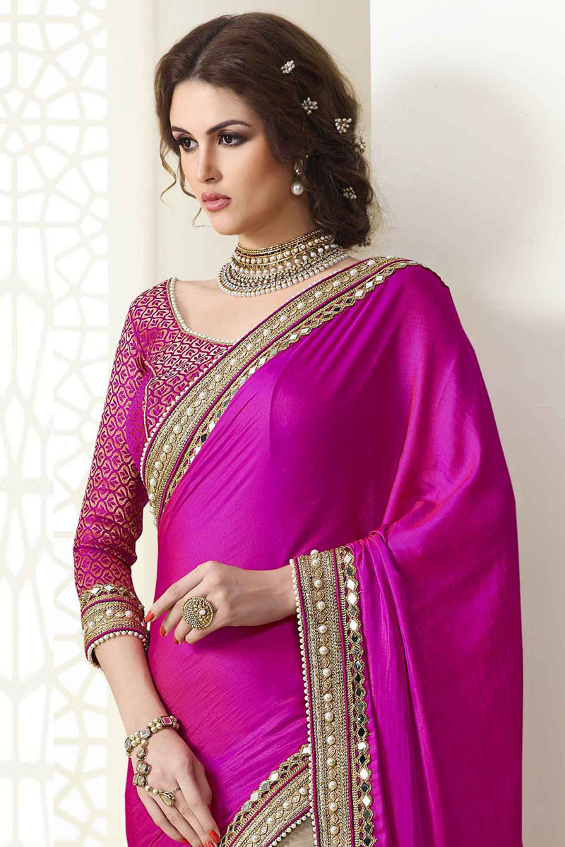 Asian Rani Pink Georgette Net Satin And Silk Saree With U Neck Blouse ...