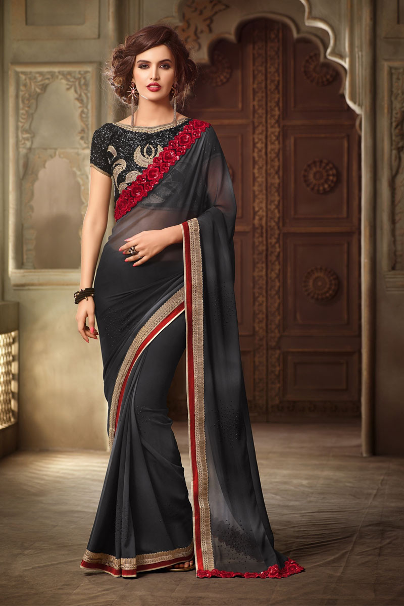 Stylish Black Georgette Saree With Boat