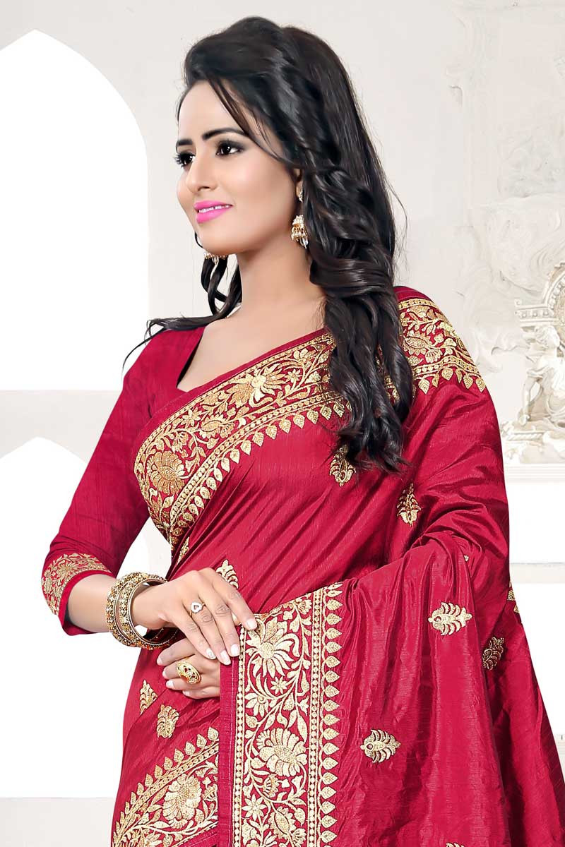 Rupali Maroon Art Silk Saree With Art Silk U Neck Blouse - Dmv12469