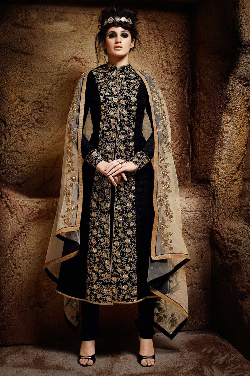 Designer Clothes Churidar Silk Long Suits Black Embroidered