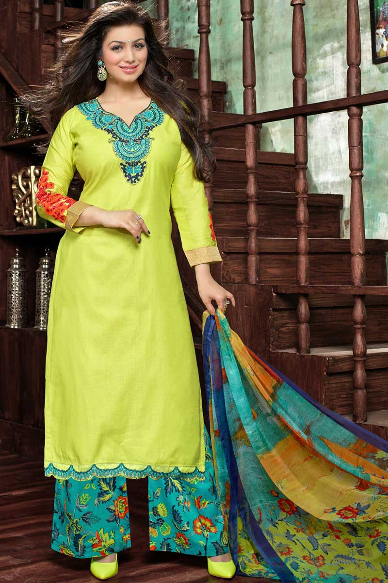 Buy Astounding Lemon Green Thread Embroidered Cotton ReadyMade Pant Suit  Online At Ethnic Plus