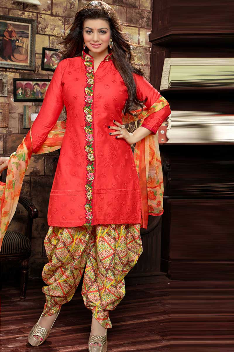 Orange Red Cotton Trouser Salwar Suit with Chiffon Dupatta  trouser suits   salwar kameez  Women