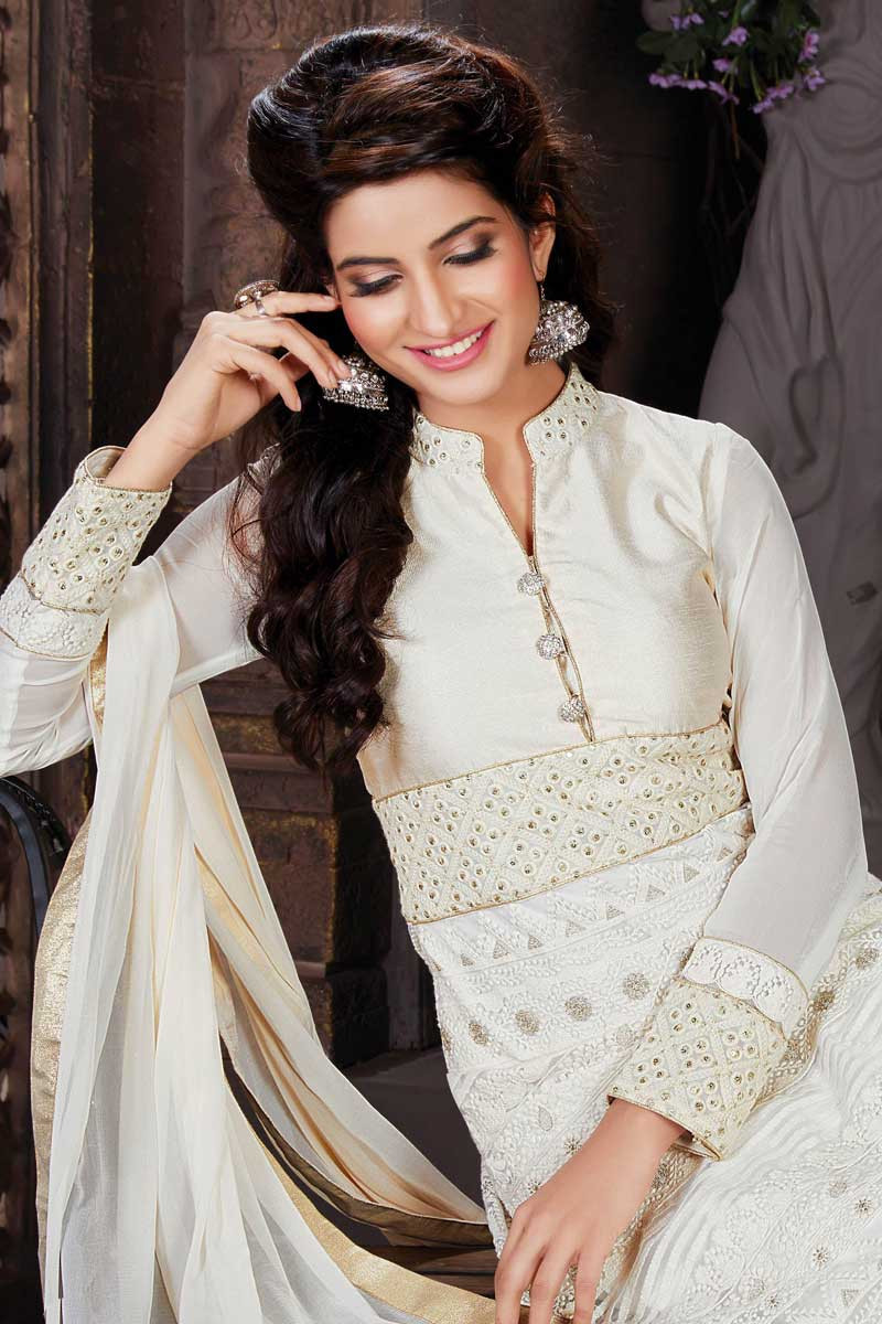 Buy Off White Net Anarkali Churidar Suit With Dupatta Online - Dmv14296