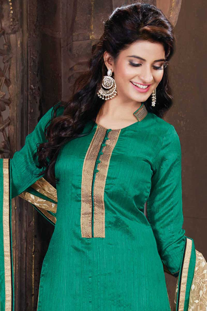 Green Handloom Silk Churidar Suit With Embroidered Dupatta - DMV14319