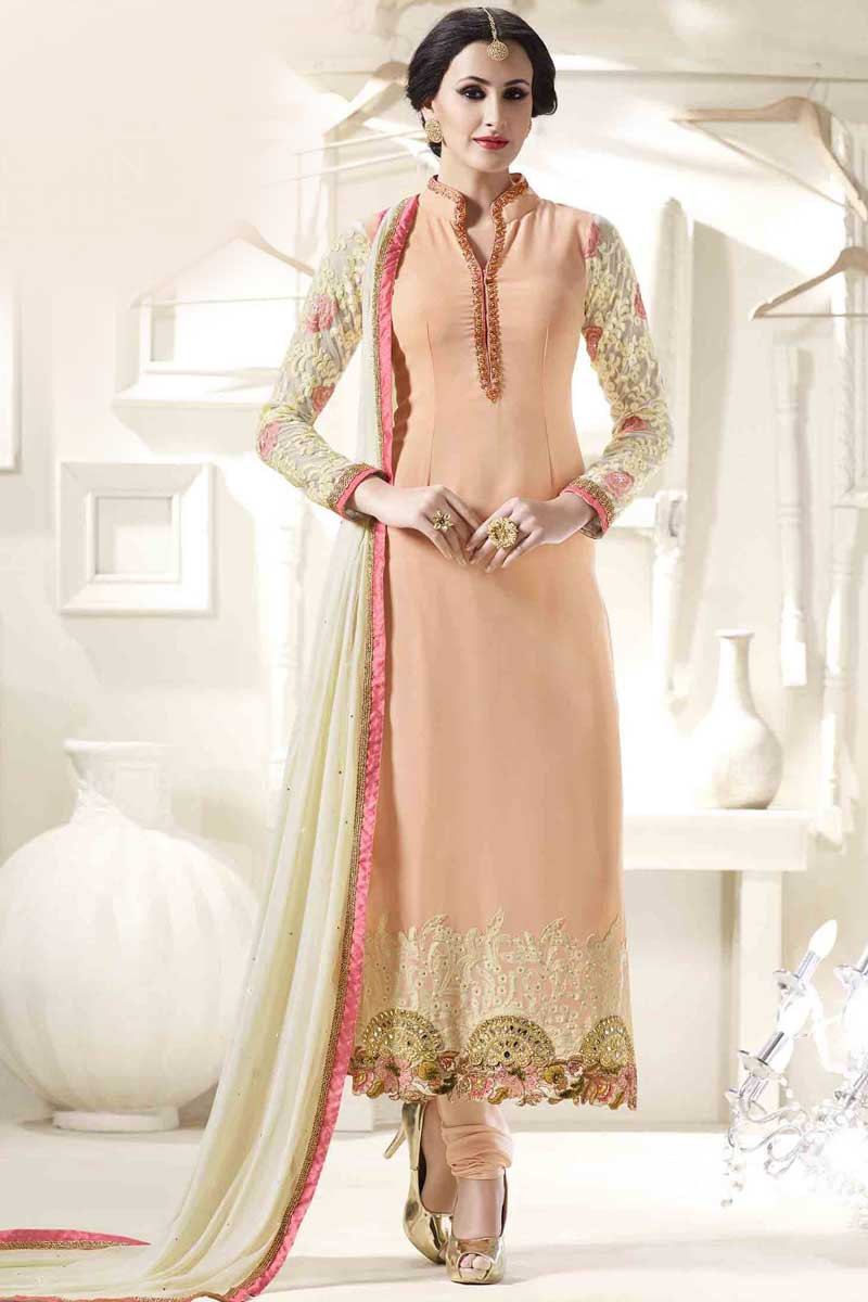 Peach Georgette Churidar Suit With Dupatta