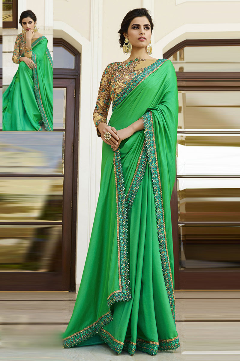 Wedding Collection Online Green Silk Cheap Asian Sarees Boat Neck