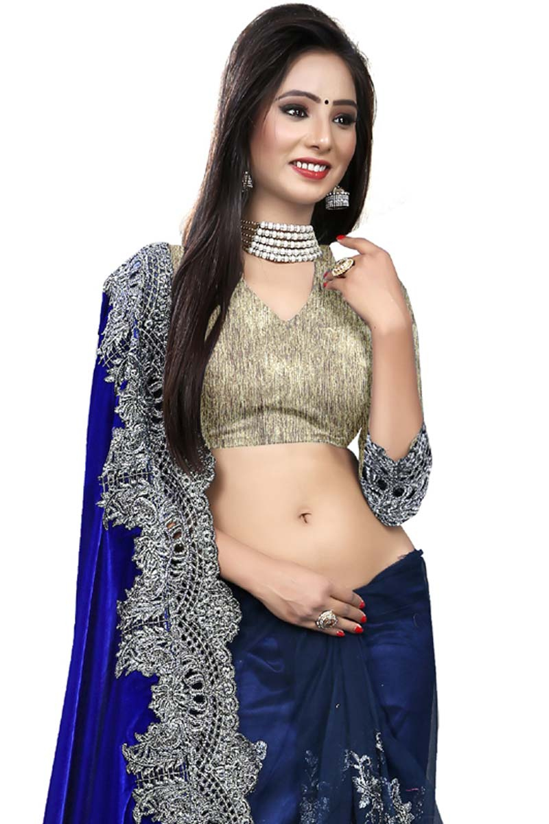 Utsav Designer Saree Wear Blue And Gray Net Asian Sari Chinese Collar Blouse Utsav Designer Saree Wear Blue And Gray Net Asian Sari Chinese Collar Blouse