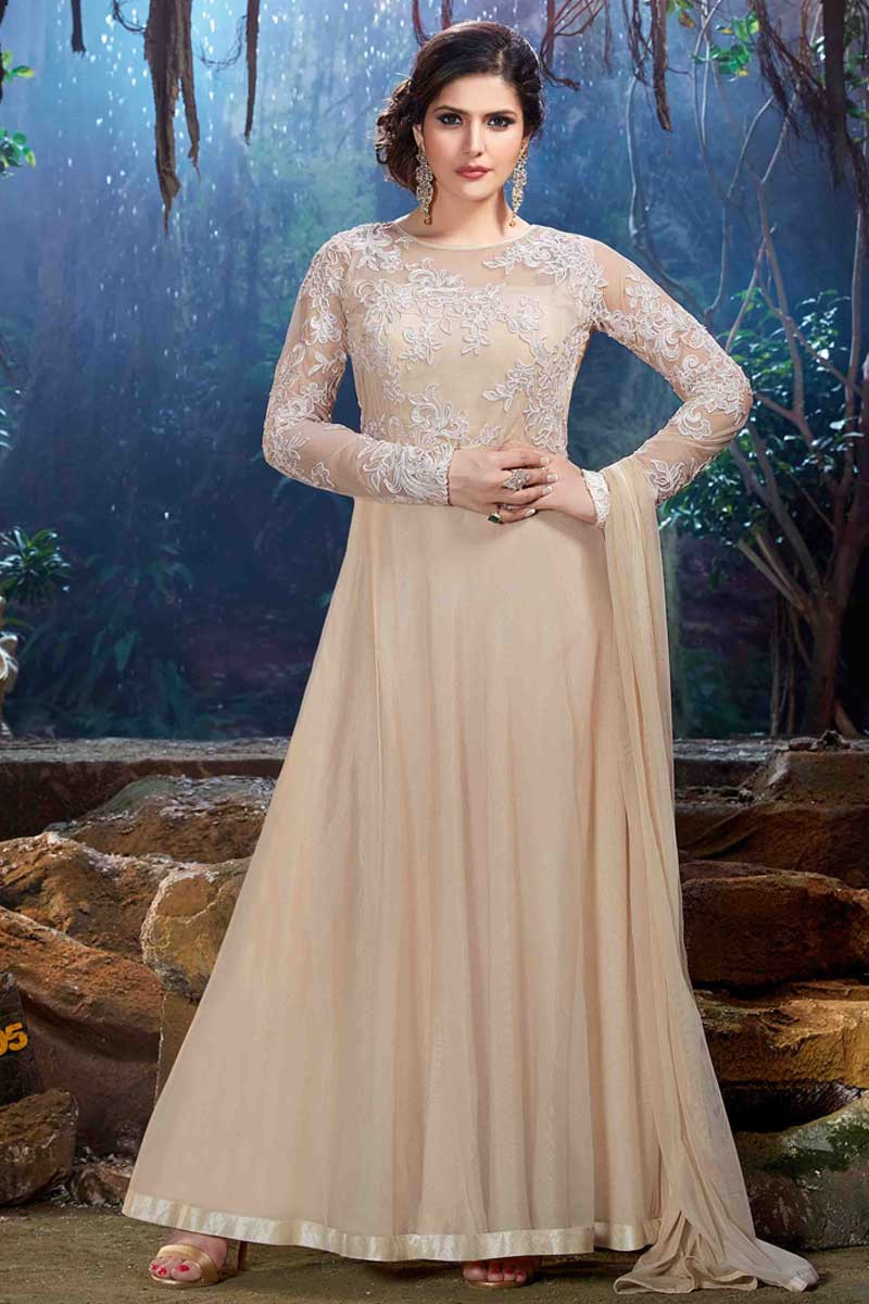Buy Cream White Anarkali Suit With Floral Brocade Weave And Mirror  Embroidery
