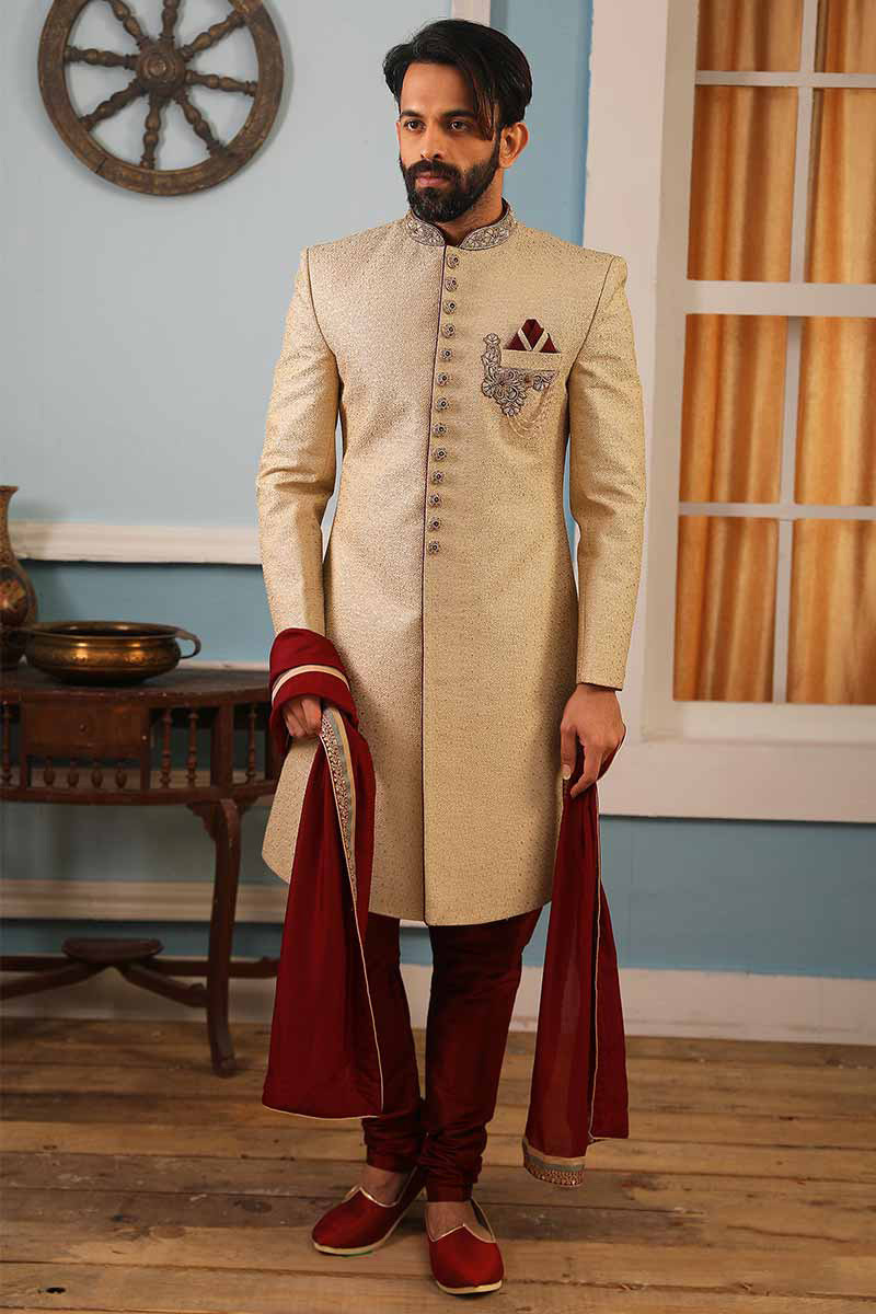 Indian Traditional Wedding Wear Beige Pakistani Designer Jacquad Sherwani 