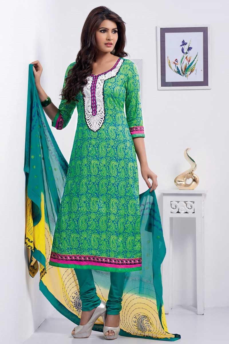 Buy Parrot Green Cotton Silk Churidar Suit Online - DMA12634 ...