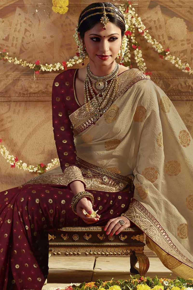 cream and maroon bridal saree