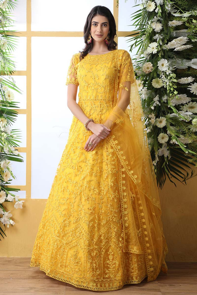 yellow long frock suit