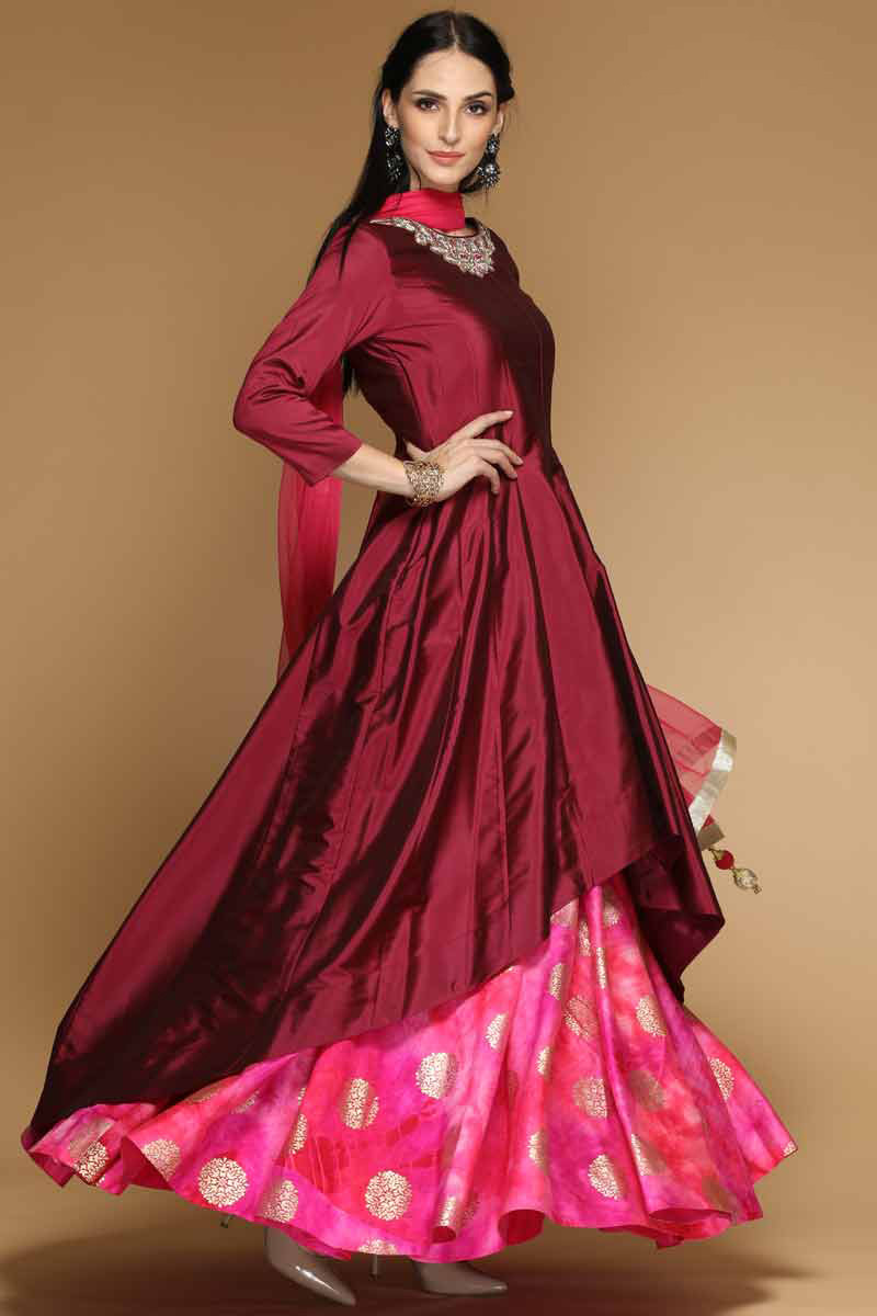 Buy Dupion Anarkali Suit In Maroon Color Online - 1986 | Andaaz Fashion