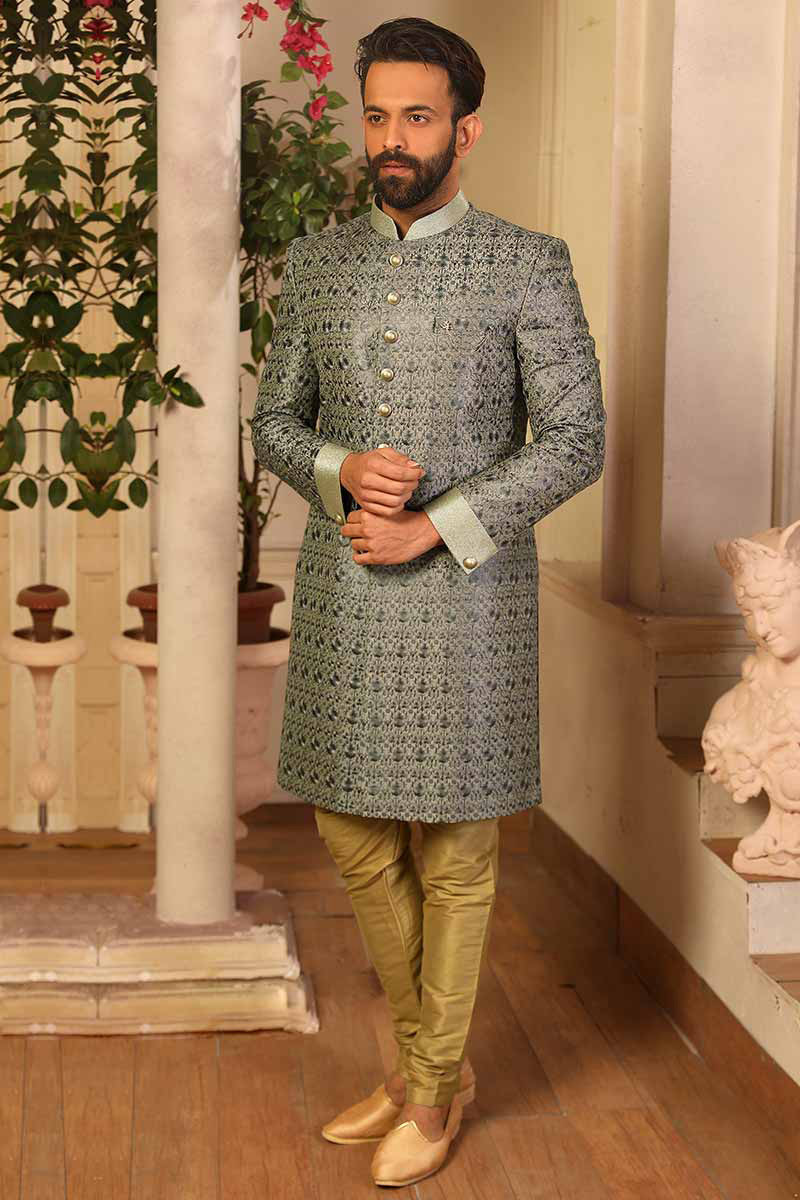 Buy Dupion Silk Embroidered Sherwani In Grey Colour For Men Online ...