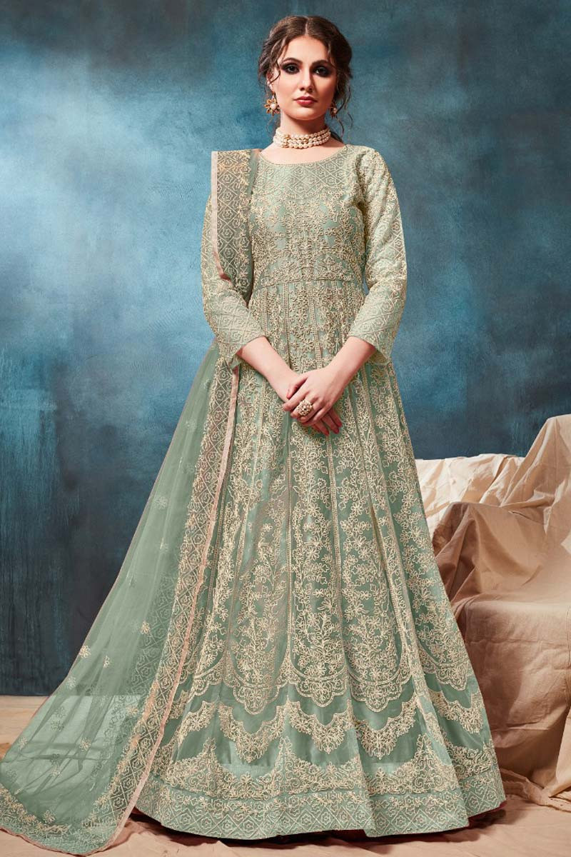 Buy Dusty Green Net Eid Anarkali Suit With Dori Work Online - LSTV03739 ...