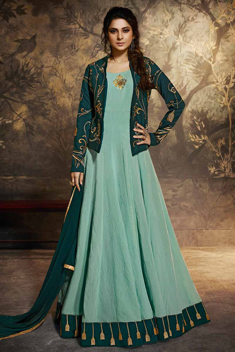 Buy Dusty Green Silk Anarkali Suit With 