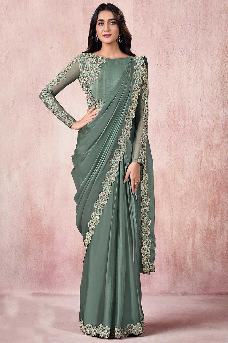Clothing Fashion Dusty Green Silk Party Wear Plain Saree|SARV126978