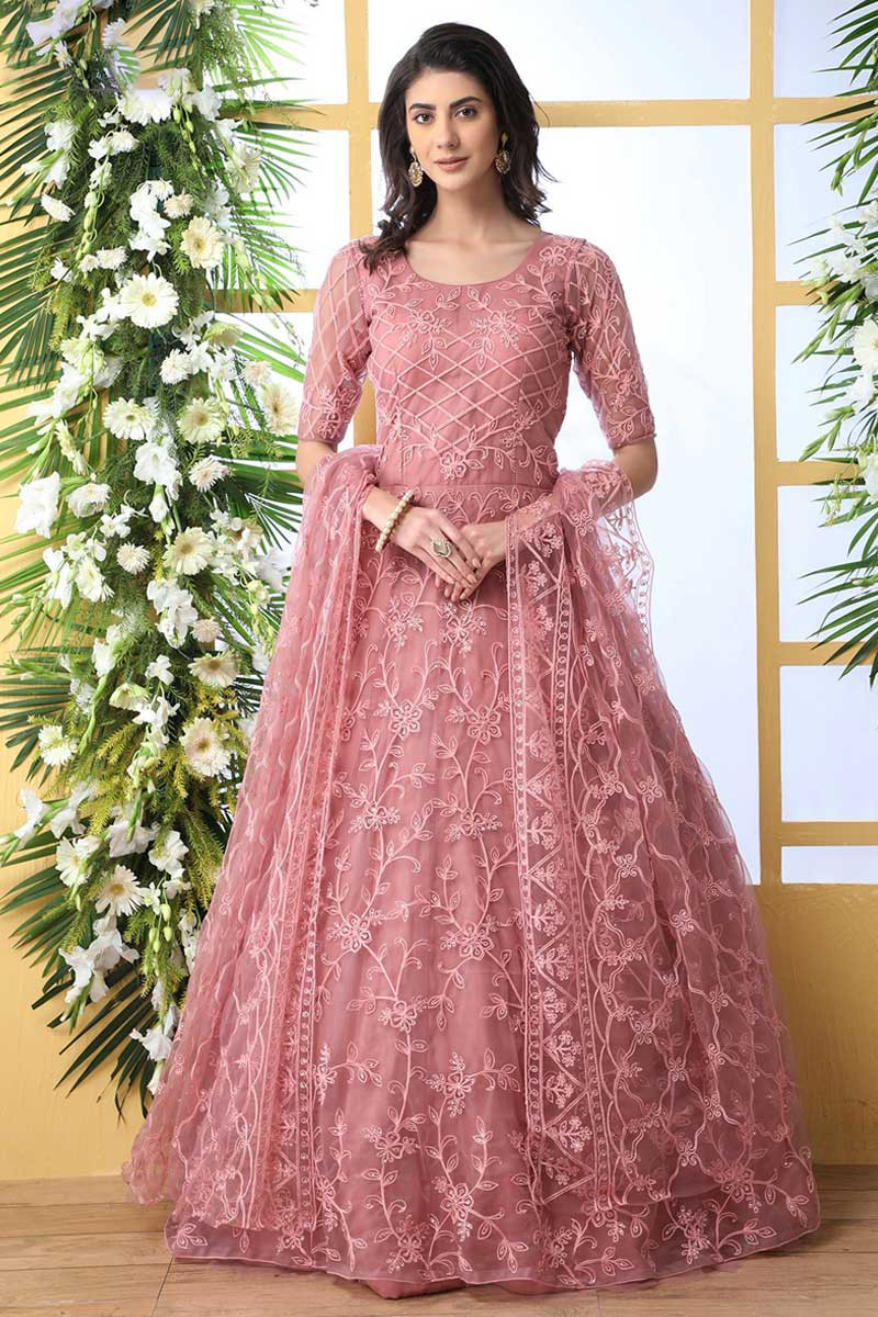 Buy Dusty Pink Net Anarkali Suit With