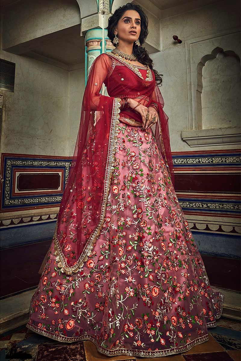 Buy Dusty Pink Net Lehenga With Silk Choli Online - LLCV01481 | Andaaz ...