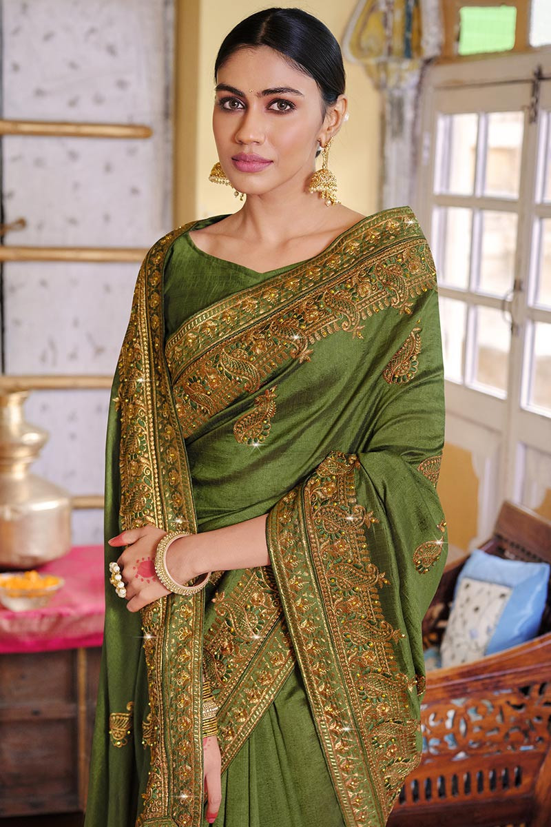 Peacock Green Designer Silk Saree With Contrast Yellow, 60% OFF