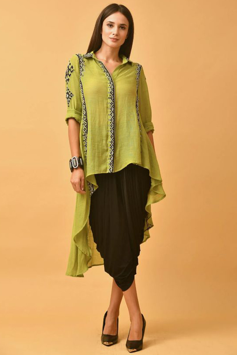Women Green Velvet Embroidered Short Kurta With Dhoti Skirt
