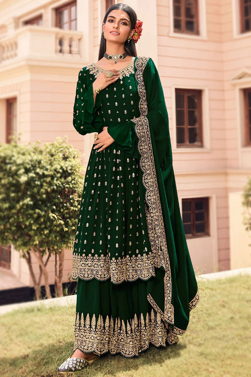 Sale Eid Special Bottle Green Georgette Frock Style Sharara Suit ...